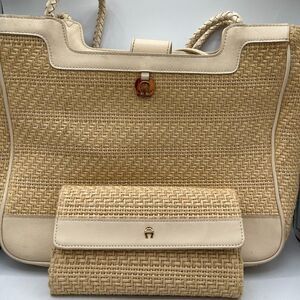 Vintage Etienne Aigner Straw Woven Cream Satchel Purse & Wallet